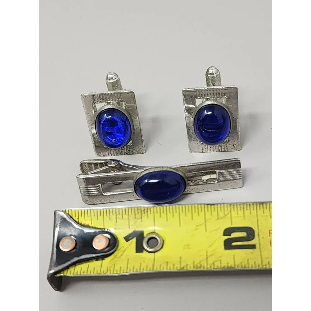 Vintage Tie Clip & Cufflinks Signed ANSON Cobalt Blue Lucite‎ & Silver
